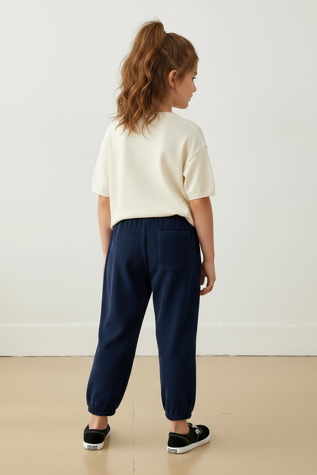 Pantalon Fluide Bleu Marine Côtelé Ample Décontracté Smiley - Cordé - vue 2