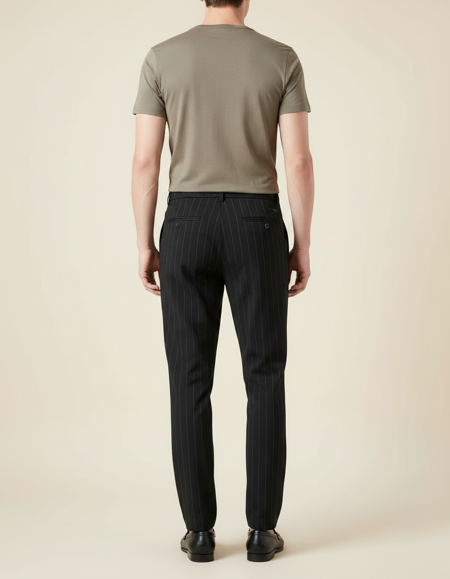 Pantalon Fluide Noir Rayé Décontracté Homme Élégant - Laine - vue 2