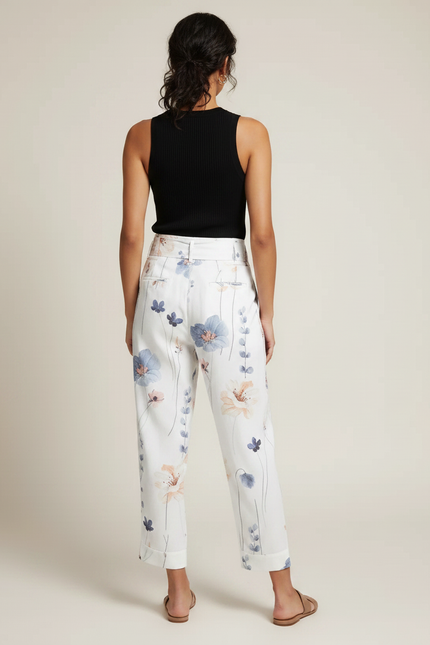 Pantalon Fluide Blanc Imprimé Floral Taille Haute Ceinturé - Viscose - vue 2