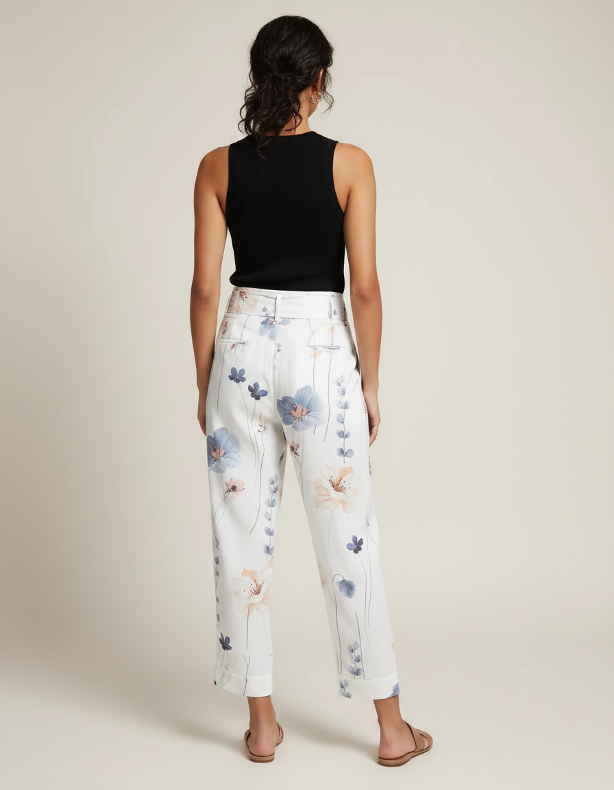 Pantalon Fluide Blanc Imprimé Floral Taille Haute Ceinturé - Viscose - vue 2