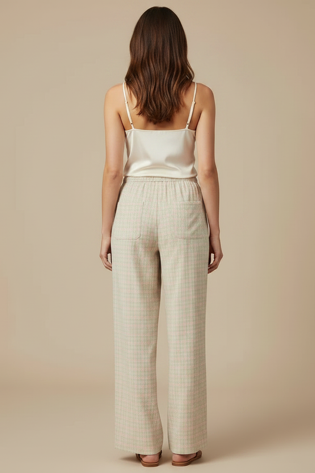Pantalon Fluide Carreaux Ample Cordon Décontracté Femme - Imprimé Lin - vue 2