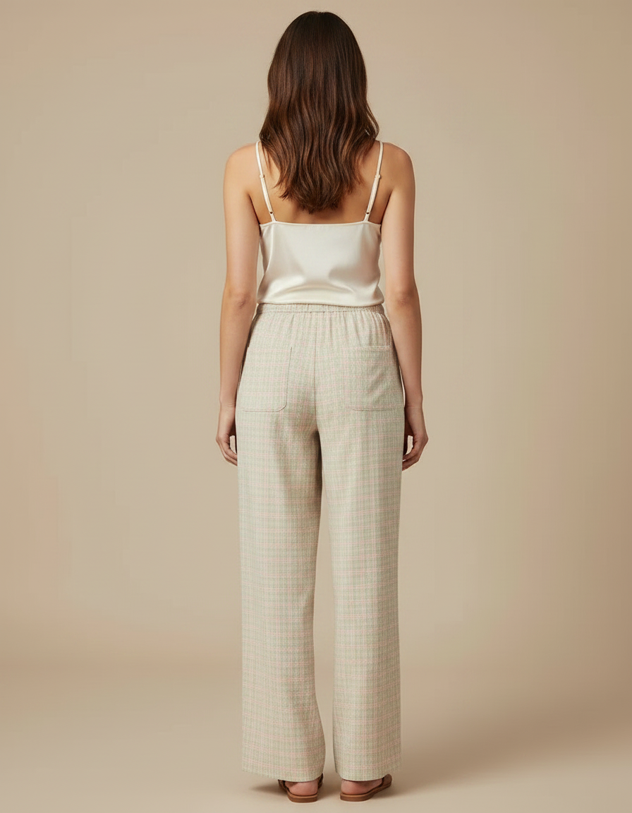 Pantalon Fluide Carreaux Ample Cordon Décontracté Femme - Imprimé Lin - vue 2