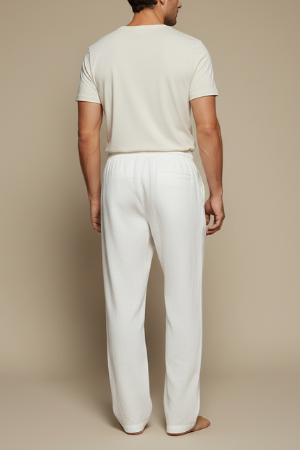 Pantalon Fluide Blanc Lin Palmiers Cordon Ample Homme - vue 2