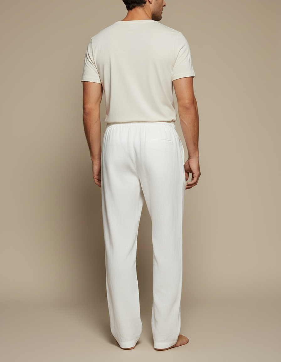 Pantalon Fluide Blanc Lin Palmiers Cordon Ample Homme - vue 2