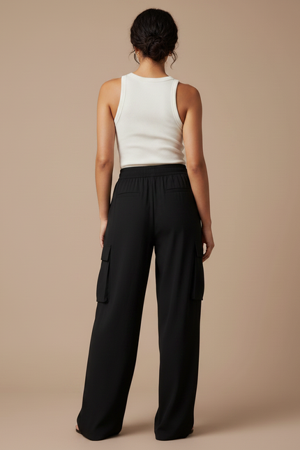 Pantalon Fluide Noir Ample Cargo Taille Élastique - Polyester - vue 2