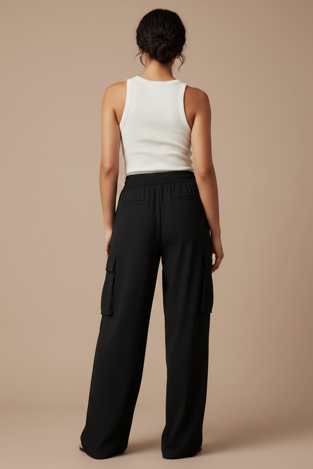 Pantalon Fluide Noir Ample Cargo Taille Élastique - Polyester - vue 2