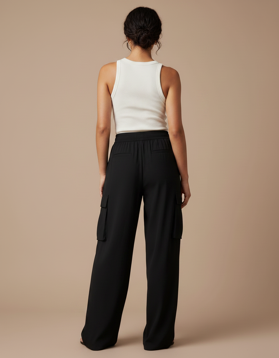 Pantalon Fluide Noir Ample Cargo Taille Élastique - Polyester - vue 2