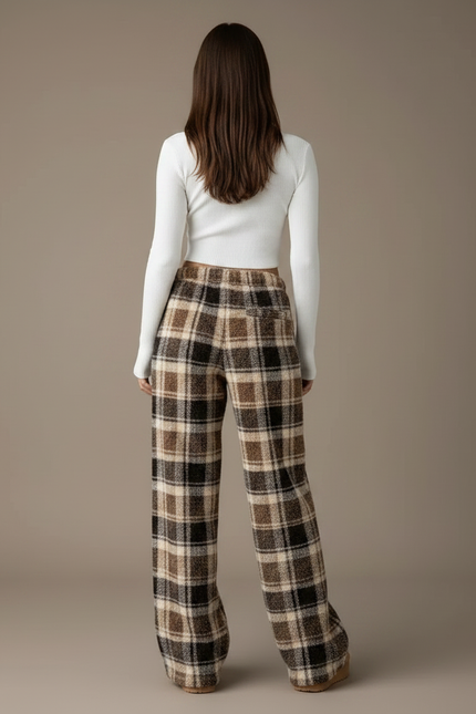 Pantalon Fluide Carreaux Marron Ample Chaud Plaid - Tweed - vue 2