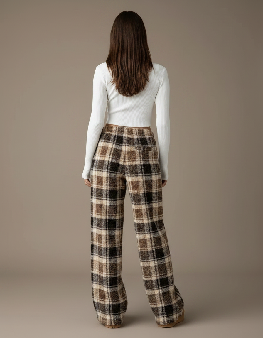 Pantalon Fluide Carreaux Marron Ample Chaud Plaid - Tweed - vue 2