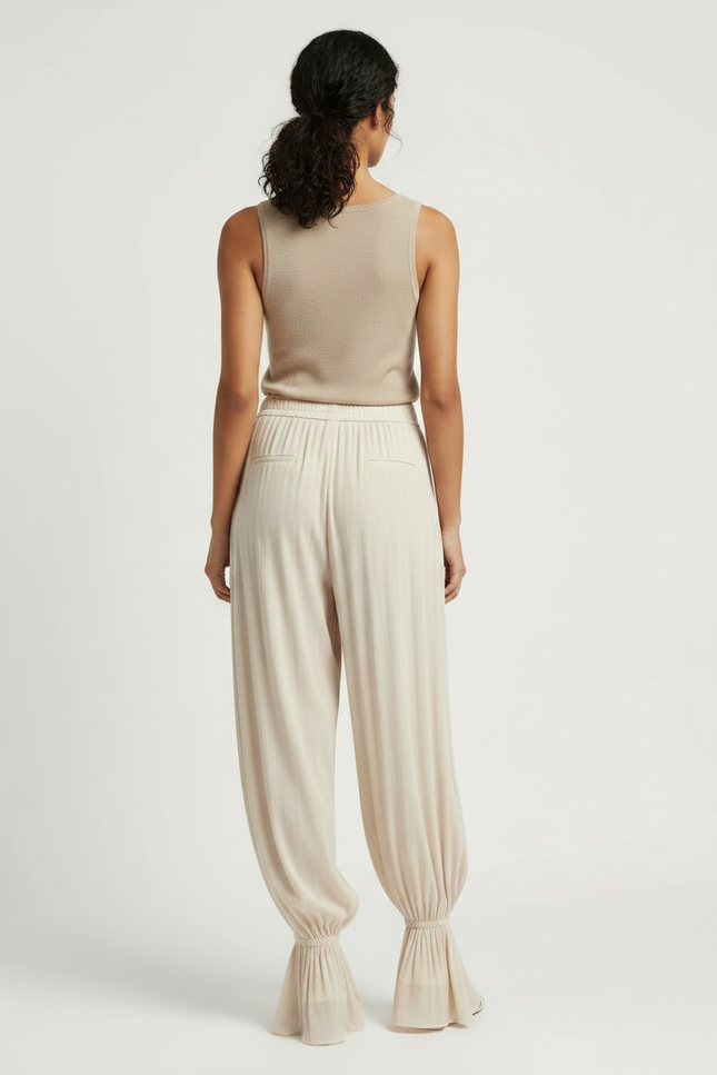 Pantalon Fluide Beige Plissé Ample Chevilles Élastiquées - Viscose - vue 2