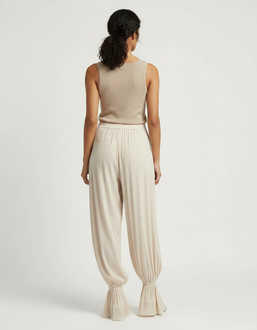 Pantalon Fluide Beige Plissé Ample Chevilles Élastiquées - Viscose - vue 2