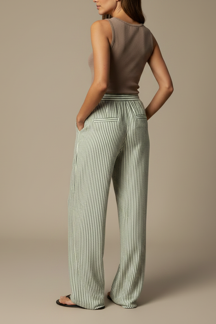 Pantalon Fluide Rayé Vert Ample Cordon Décontracté - Coton - vue 2