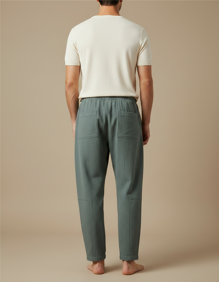 Pantalon Fluide Vert Cordon Coton Ample Décontracté Homme - vue 2