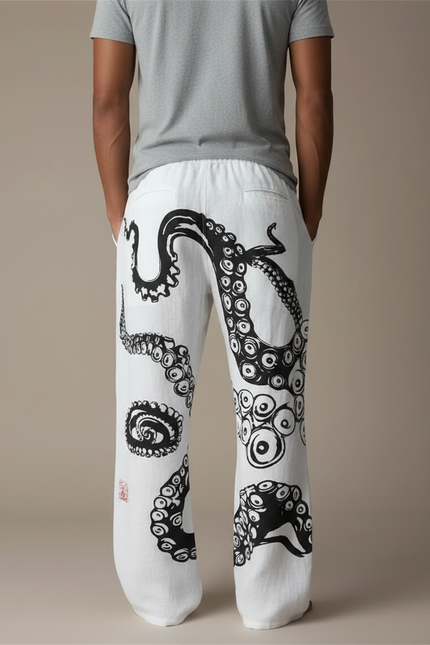Pantalon Fluide Blanc Ample Imprimé Poulpe Décontracté Homme - Lin - vue 2