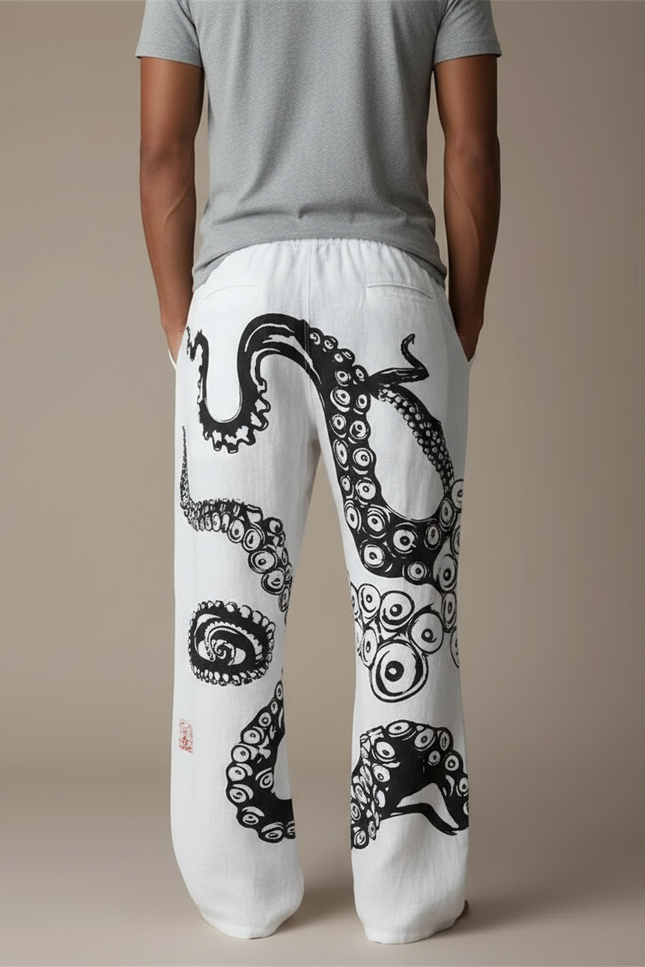 Pantalon Fluide Blanc Ample Imprimé Poulpe Décontracté Homme - Lin - vue 2