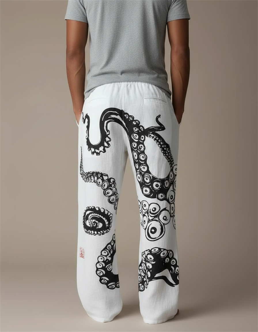 Pantalon Fluide Blanc Ample Imprimé Poulpe Décontracté Homme - Lin - vue 2