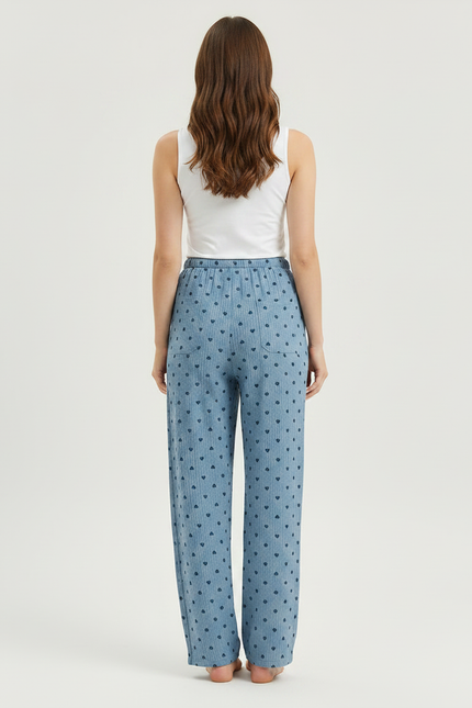 Pantalon Fluide Coton Cœurs Bleu Ample Confortable Femme - vue 2