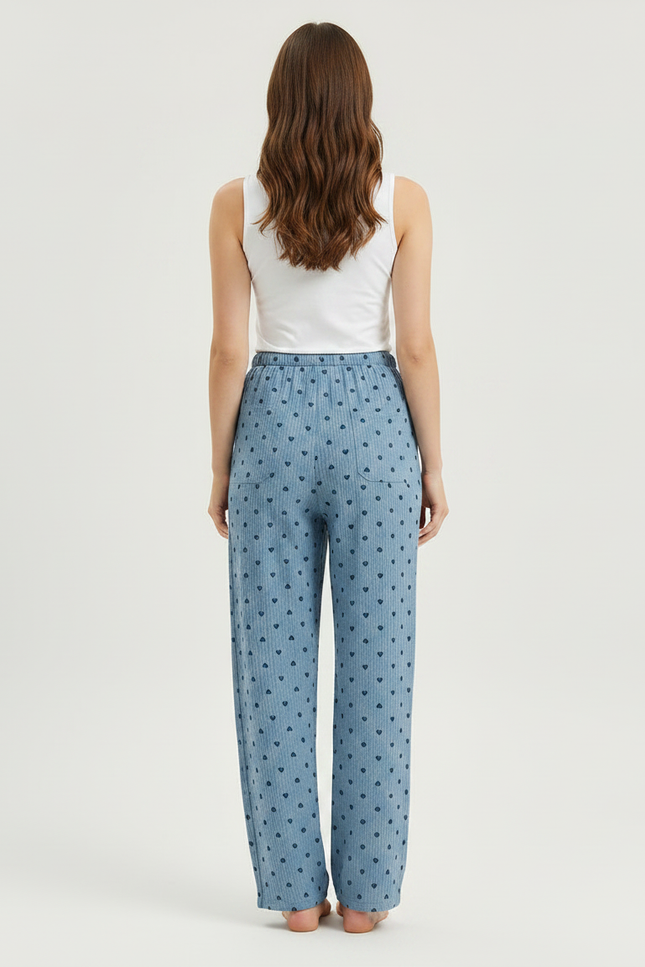 Pantalon Fluide Coton Cœurs Bleu Ample Confortable Femme - vue 2