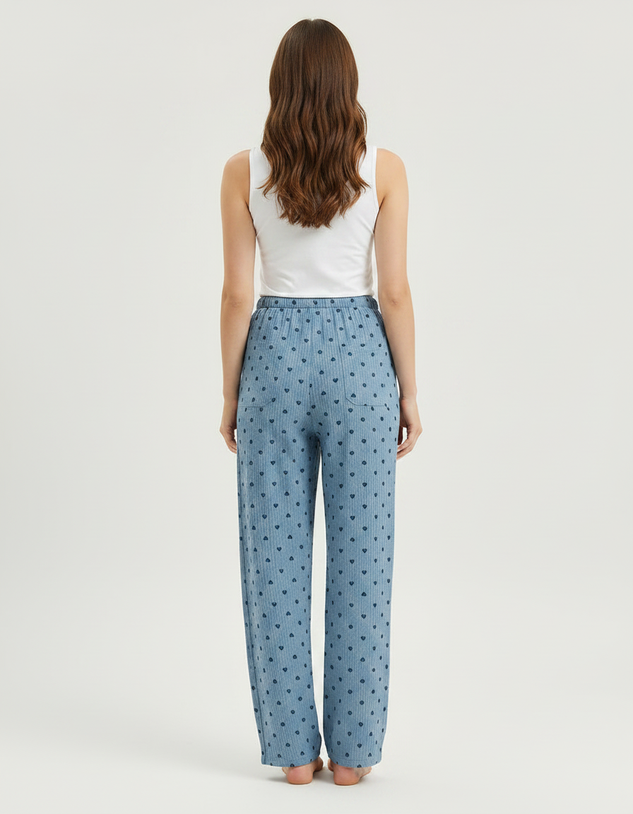 Pantalon Fluide Coton Cœurs Bleu Ample Confortable Femme - vue 2