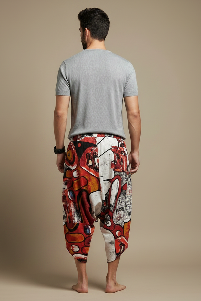 Pantalon Fluide Rouge Imprimé Abstrait Harem Coton - vue 2
