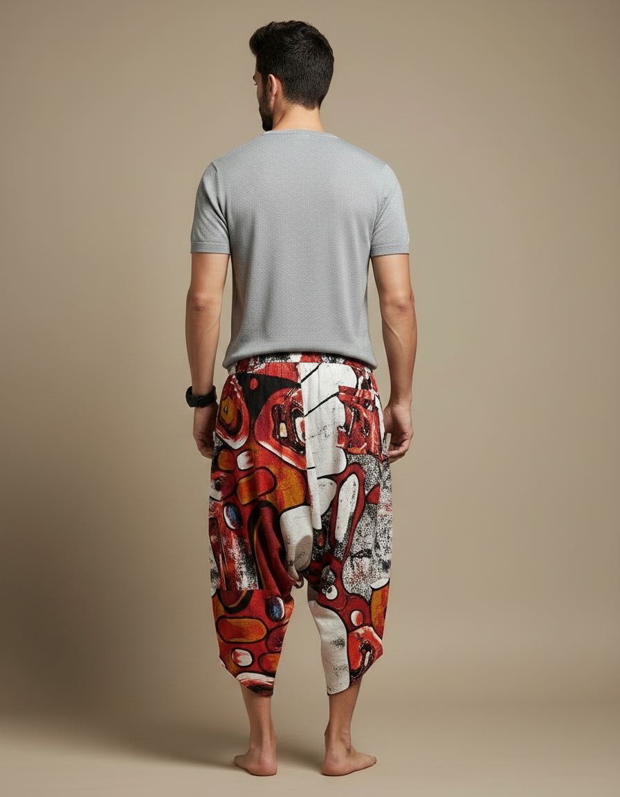 Pantalon Fluide Rouge Imprimé Abstrait Harem Coton - vue 2