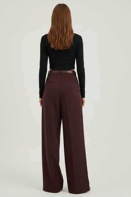 Pantalon Fluide Bordeau Plissé Large Taille Haute Élégant - Bordeaux Polyester - vue 2
