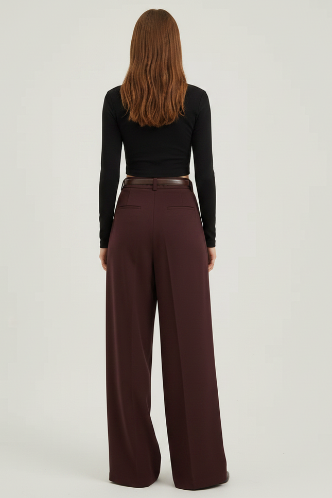 Pantalon Fluide Bordeau Plissé Large Taille Haute Élégant - Bordeaux Polyester - vue 2