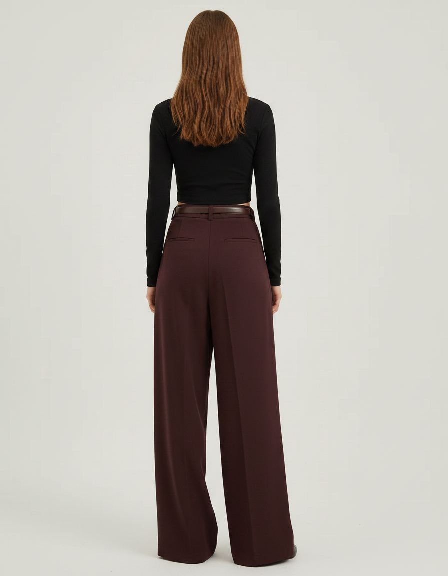Pantalon Fluide Bordeau Plissé Large Taille Haute Élégant - Bordeaux Polyester - vue 2