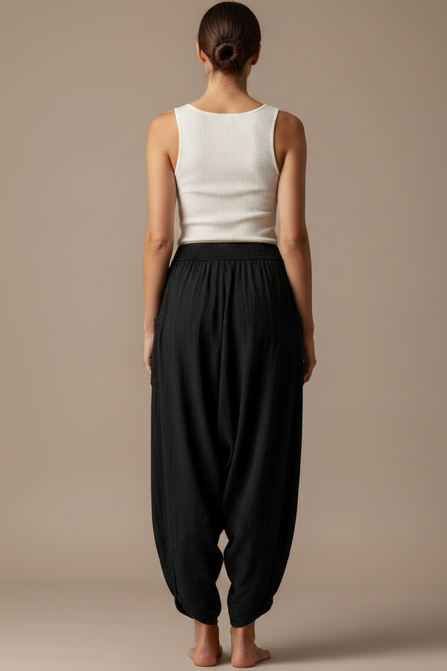Pantalon Fluide Noir Ample Coton Harem Confortable - vue 2