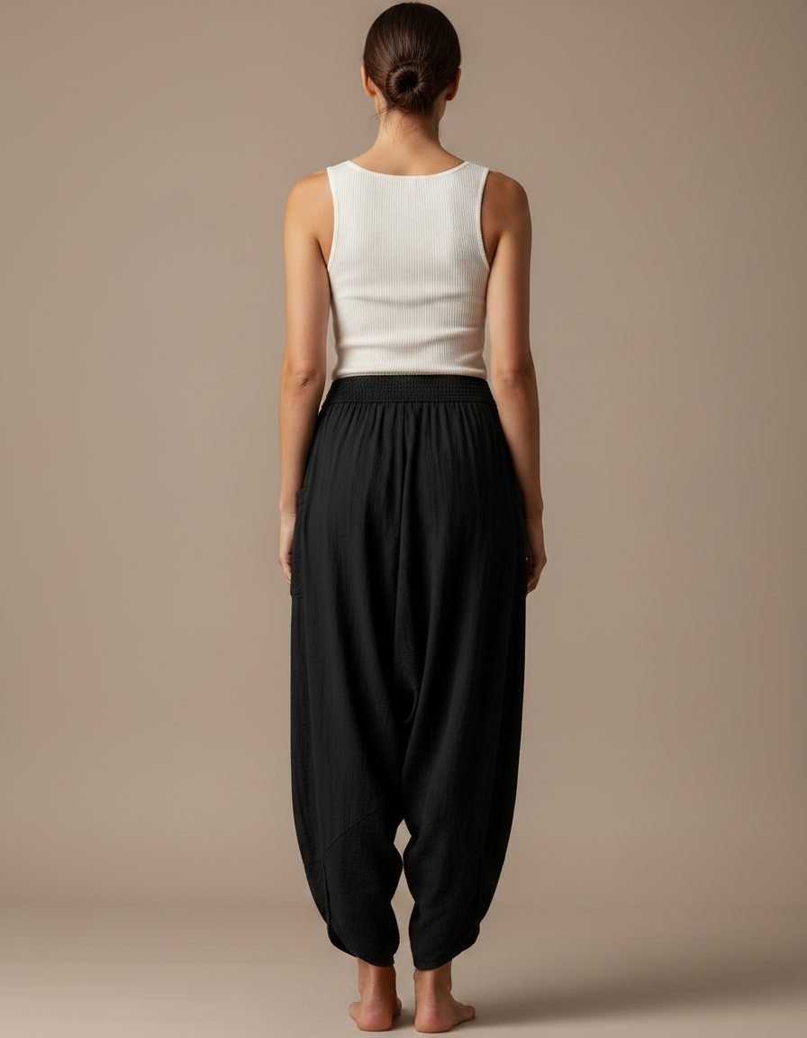Pantalon Fluide Noir Ample Coton Harem Confortable - vue 2