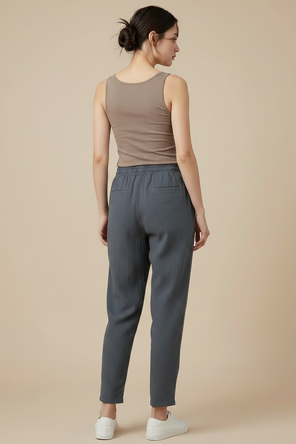 Pantalon Fluide Gris Ample Lin Décontracté Élastique - vue 2