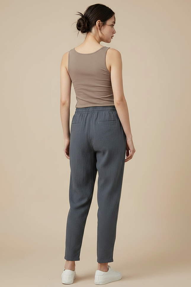 Pantalon Fluide Gris Ample Lin Décontracté Élastique - vue 2