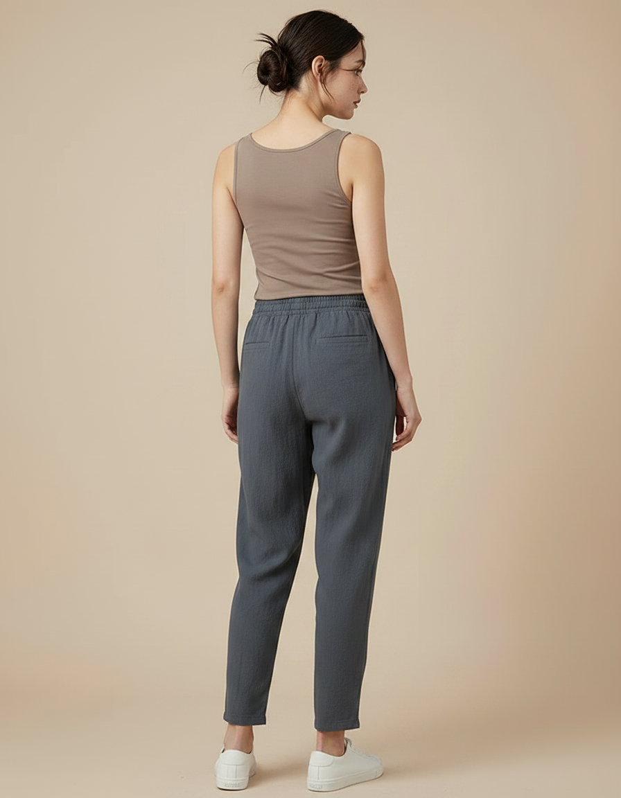 Pantalon Fluide Gris Ample Lin Décontracté Élastique - vue 2