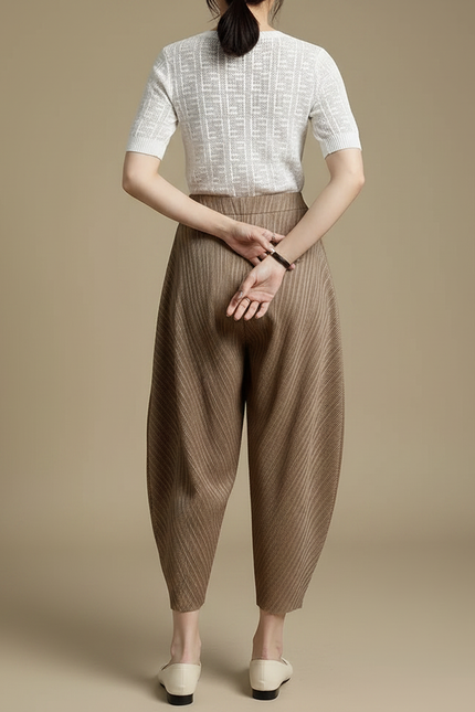 Pantalon Fluide Plissé Marron Ample Décontracté Confortable - Polyester - vue 2