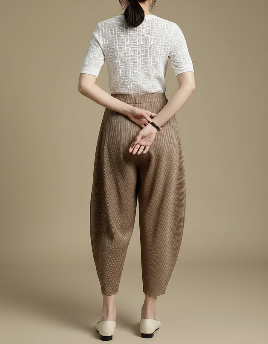 Pantalon Fluide Plissé Marron Ample Décontracté Confortable - Polyester - vue 2