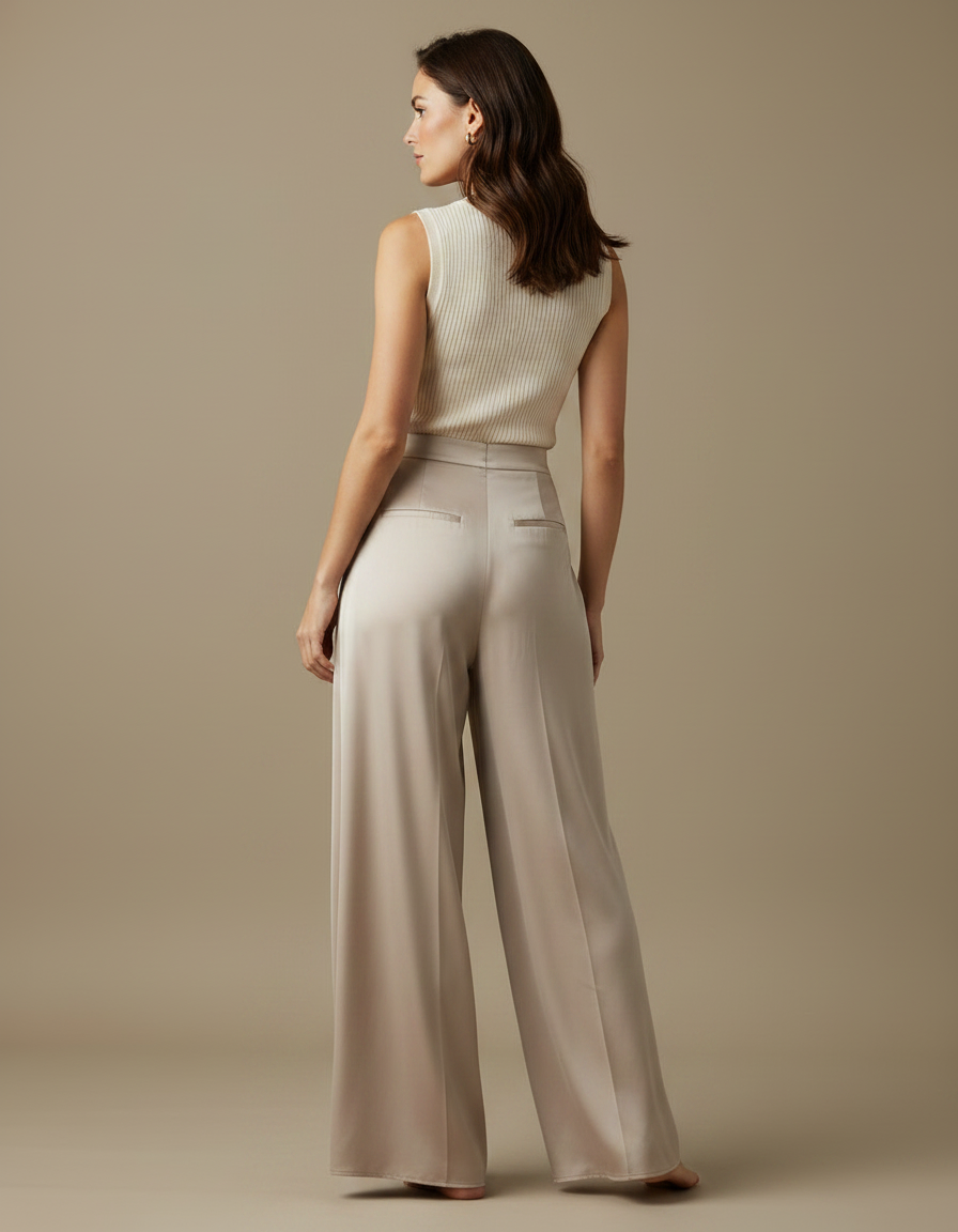 Pantalon Fluide Satiné Beige Ample Élégant Femme - vue 2