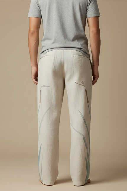 Pantalon Fluide Écru Lin Ample Libellule Roseau Homme - Beige - vue 2