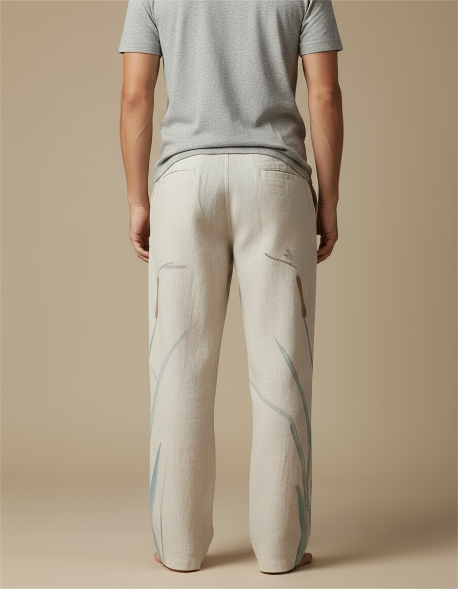 Pantalon Fluide Écru Lin Ample Libellule Roseau Homme - Beige - vue 2