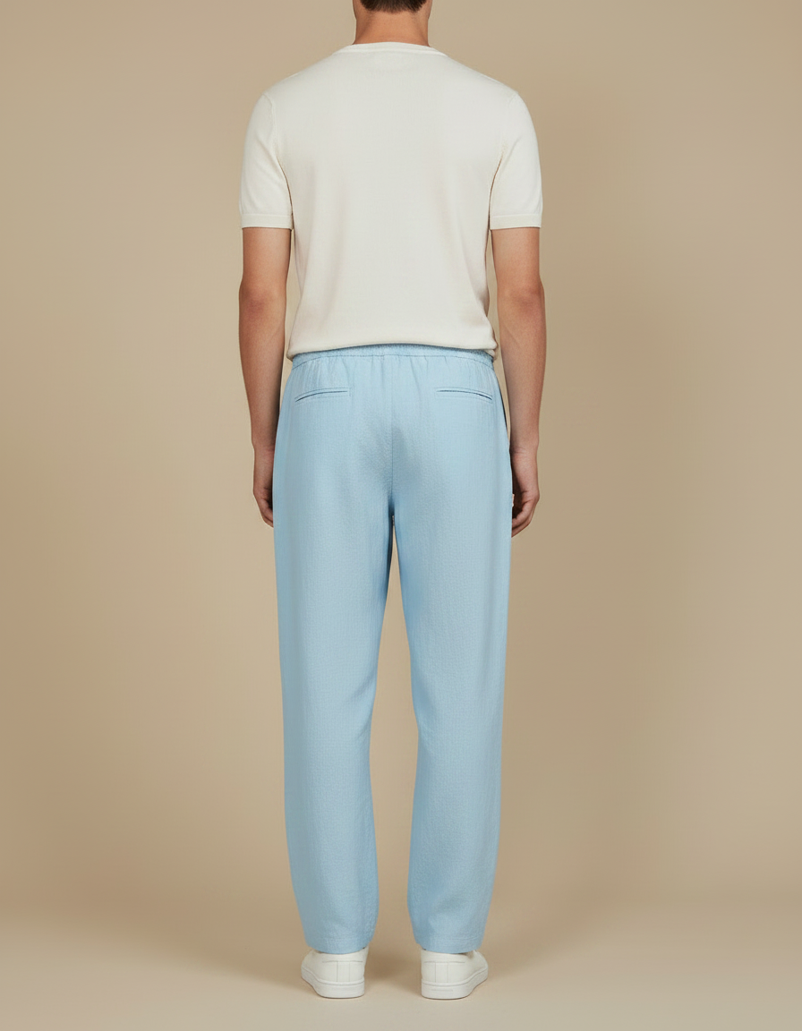 Pantalon Fluide Bleu Ciel Coton Lin Ample Cordon Homme - vue 2