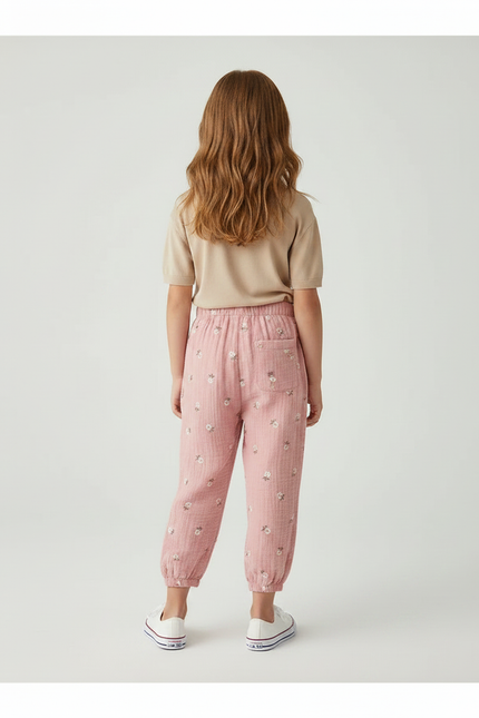 Pantalon Fluide Rose Imprimé Fleurs Muslin Enfant - Coton - vue 2