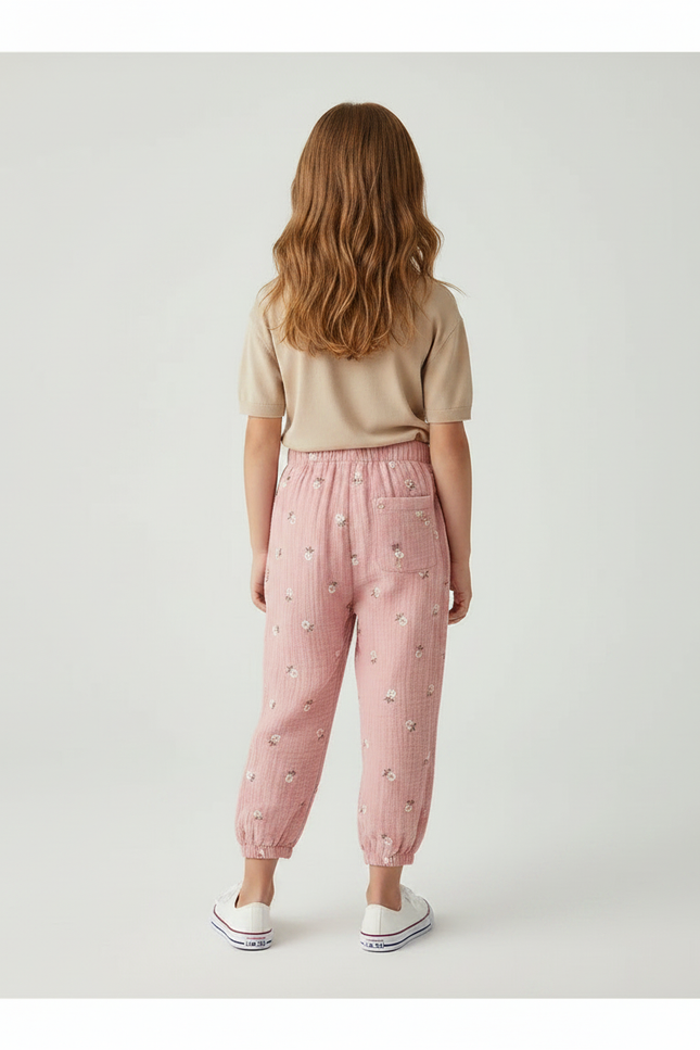 Pantalon Fluide Rose Imprimé Fleurs Muslin Enfant - Coton - vue 2
