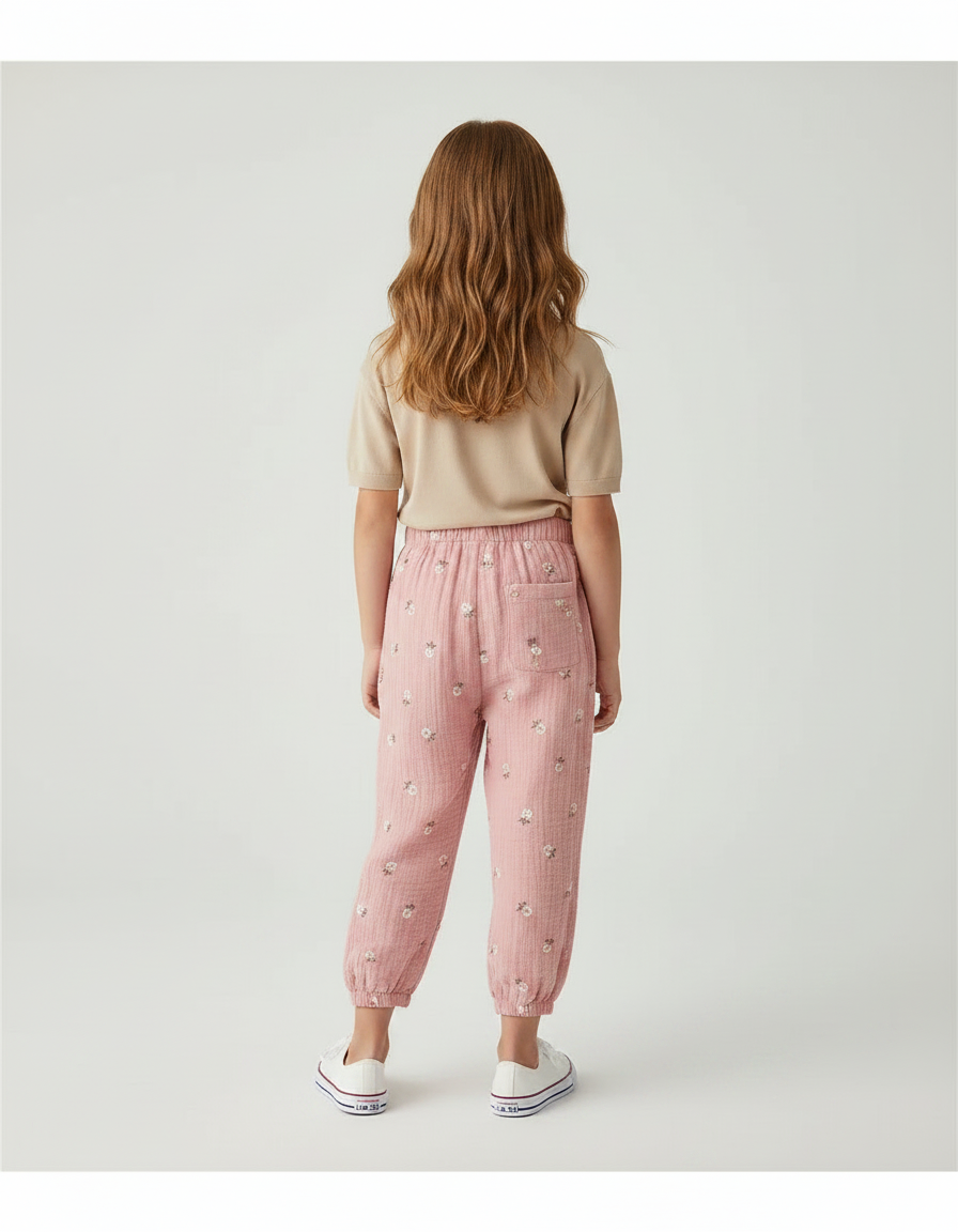 Pantalon Fluide Rose Imprimé Fleurs Muslin Enfant - Coton - vue 2