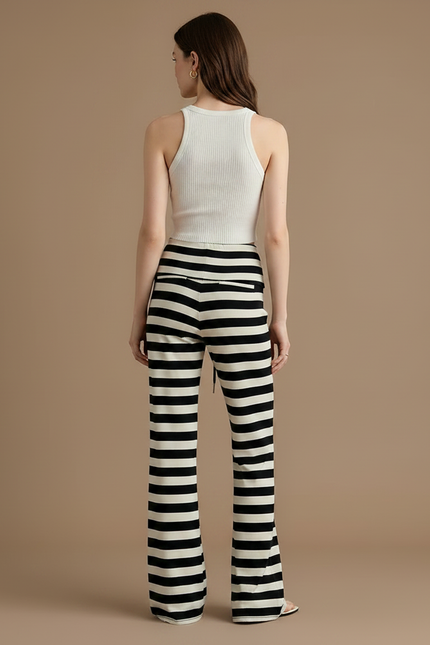 Pantalon Fluide Rayé Noir Évasé Taille Basse - Multicolore Maille - vue 2