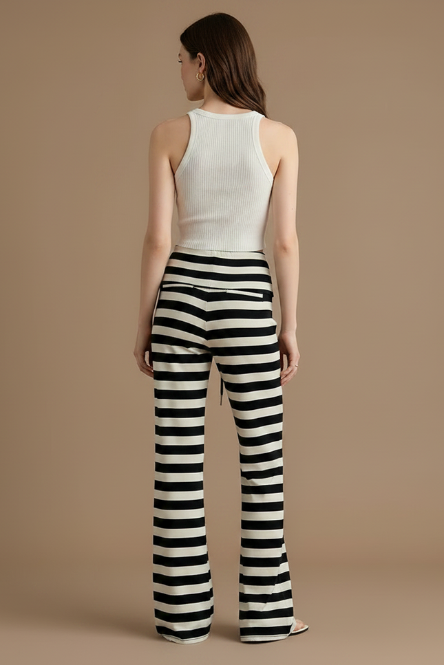 Pantalon Fluide Rayé Noir Évasé Taille Basse - Multicolore Maille - vue 2