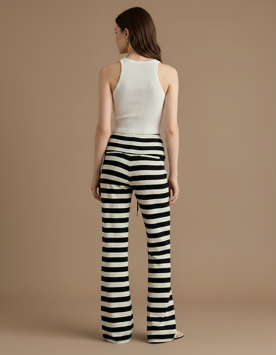 Pantalon Fluide Rayé Noir Évasé Taille Basse - Multicolore Maille - vue 2