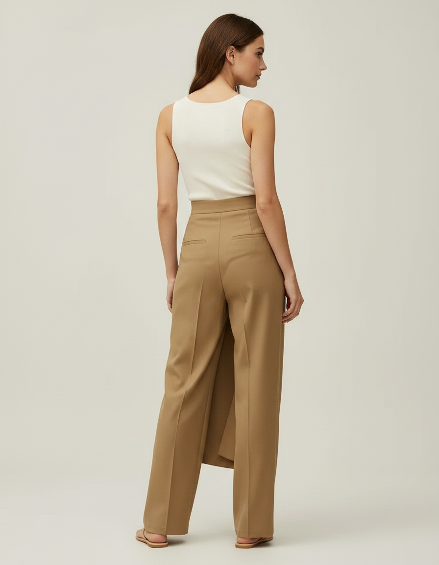 Pantalon Fluide Kaki Élégant Droit Asymétrique Femme - Polyester - vue 2