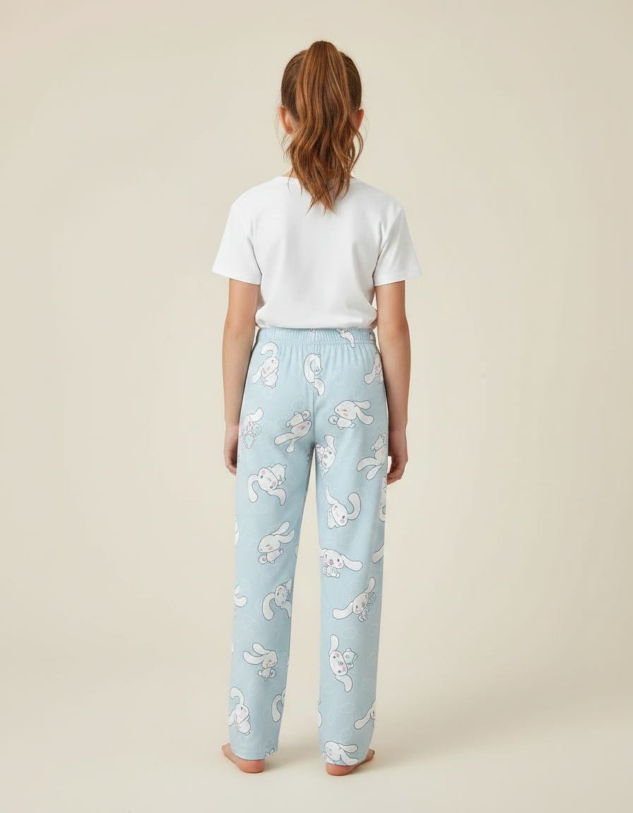 Pantalon Fluide Bleu Ciel Imprimé Lapins Mignon Confortable - Molleton - vue 2