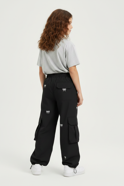 Pantalon Fluide Noir Cargo Ample Nœuds Fille - Polyester - vue 2