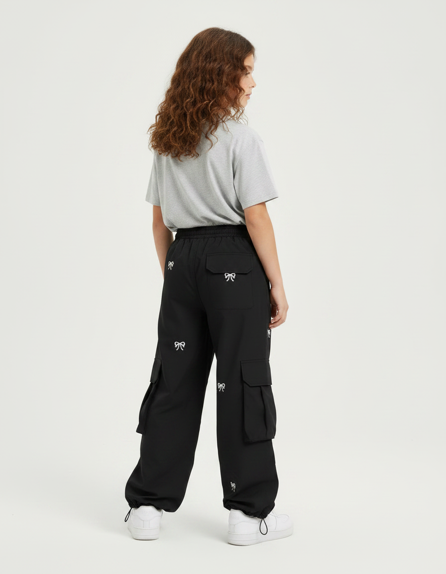 Pantalon Fluide Noir Cargo Ample Nœuds Fille - Polyester - vue 2