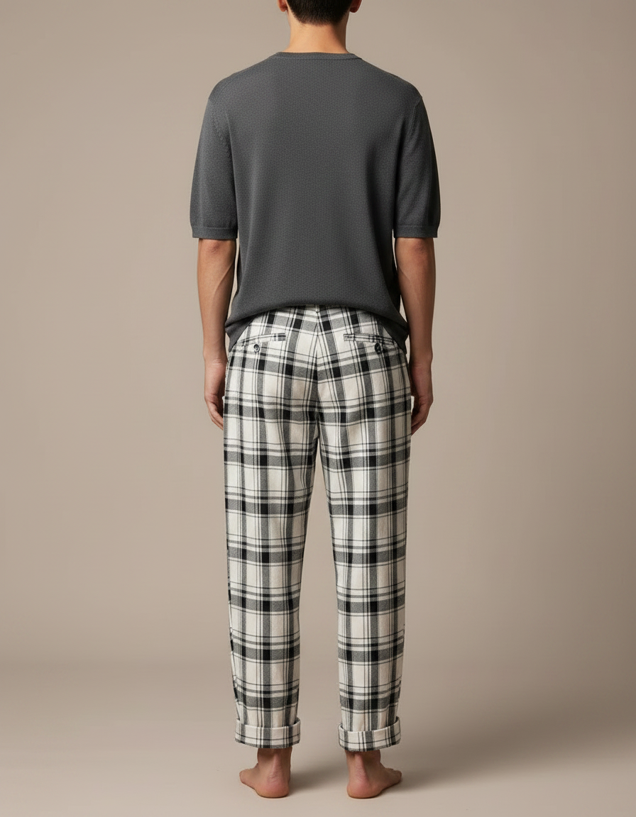 Pantalon Fluide Carreaux Noir Blanc Décontracté Ample Homme - Imprimé Molleton - vue 2
